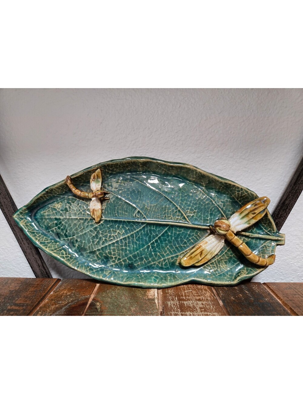 Vintage Majolica Pottery Leaf Dish With Dragonflies 12" long Handmade Excellent